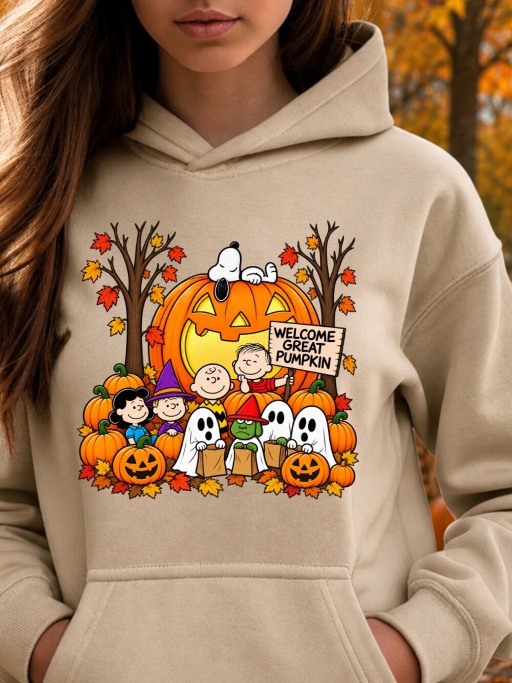 Peanuts Halloween HOODIE Graphic Sweatshirt Fall Autumn Leaves Great Pumpkin